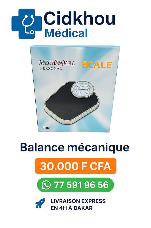 Balance mécanique manuelle avec cadran gradué – Capacité de pesée précise pour usage médical ou personnel. Image produit avec logo Cidkhou Médical.