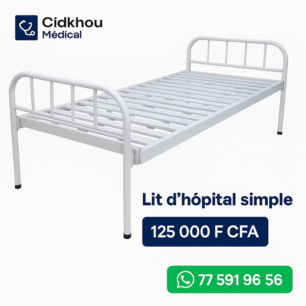 Lit d’hôpital simple avec structure métallique et matelas médical – Cidkhou Médical