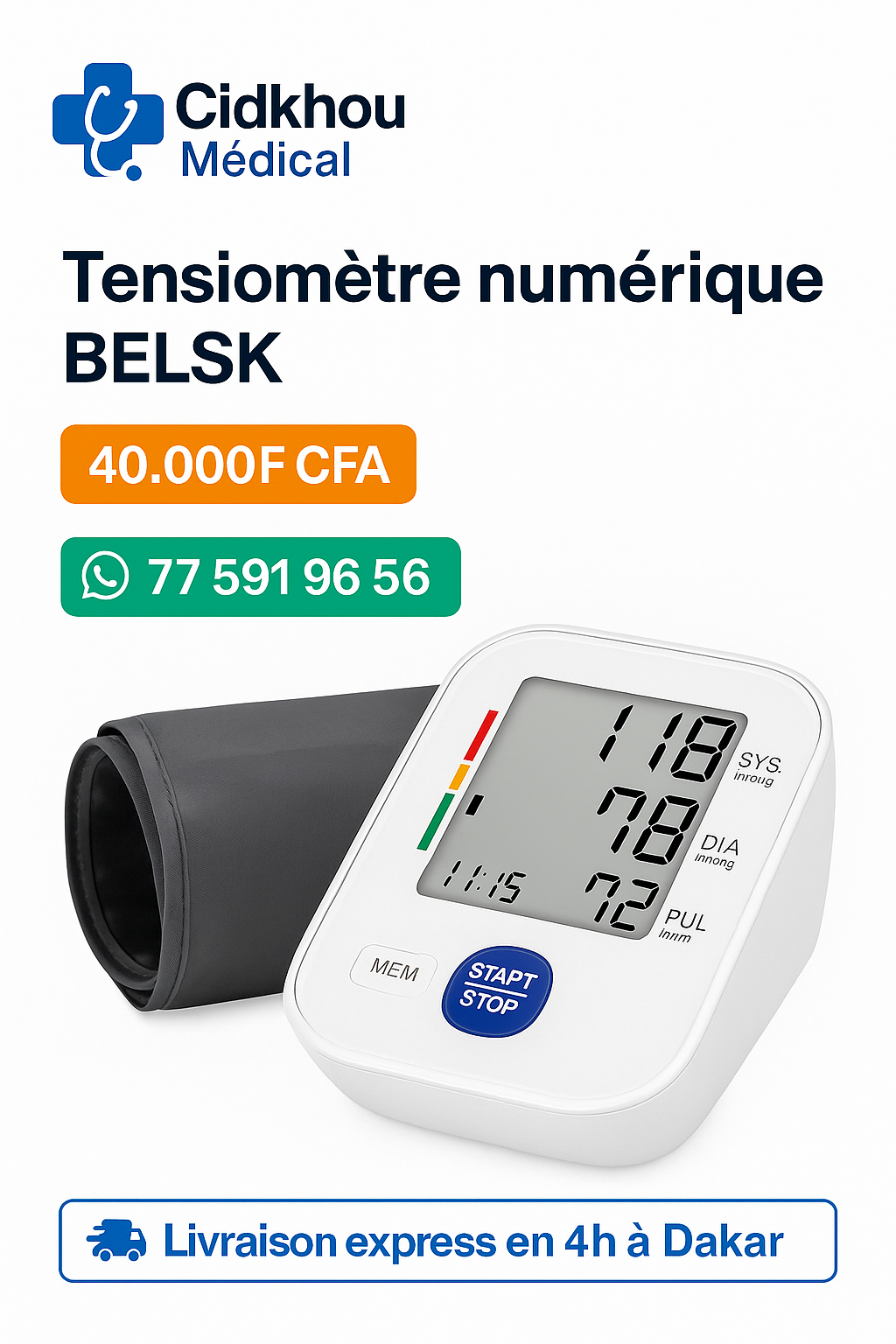Tensiomètre numérique BELSK à 40.000 F CFA – Cidkhou Médical Dakar, appareil médical fiable pour mesurer la tension artérielle à domicile, livraison express en 4h.