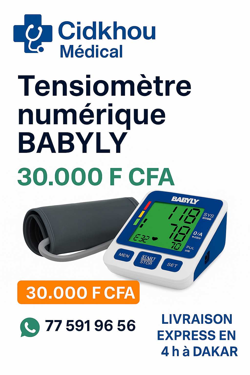 Tensiomètre numérique BABYLY à 30.000 F CFA – Cidkhou Médical Dakar, appareil de mesure de la tension artérielle précis et rapide, livraison express en 4h à Dakar