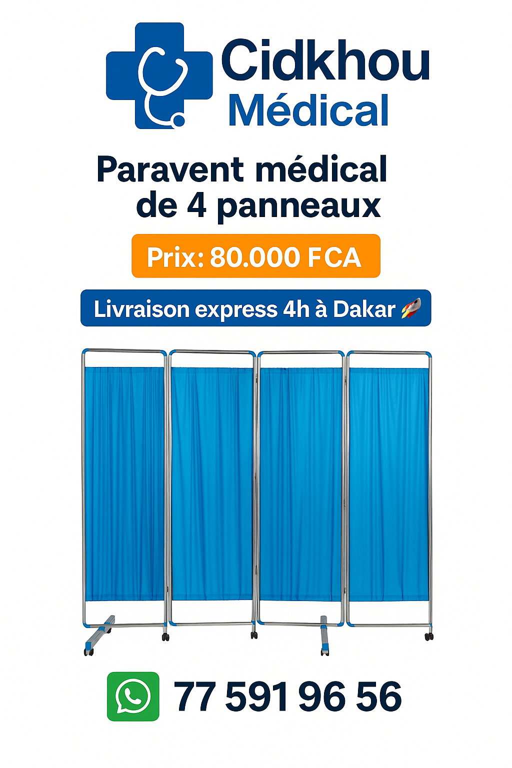 Paravent médical 4 panneaux en métal avec rideaux bleus – Cidkhou Médical Dakar