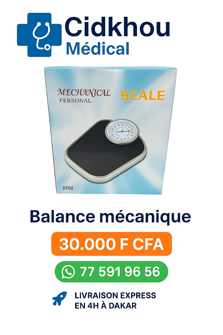 Balance mécanique manuelle avec cadran gradué – Capacité de pesée précise pour usage médical ou personnel. Image produit avec logo Cidkhou Médical.