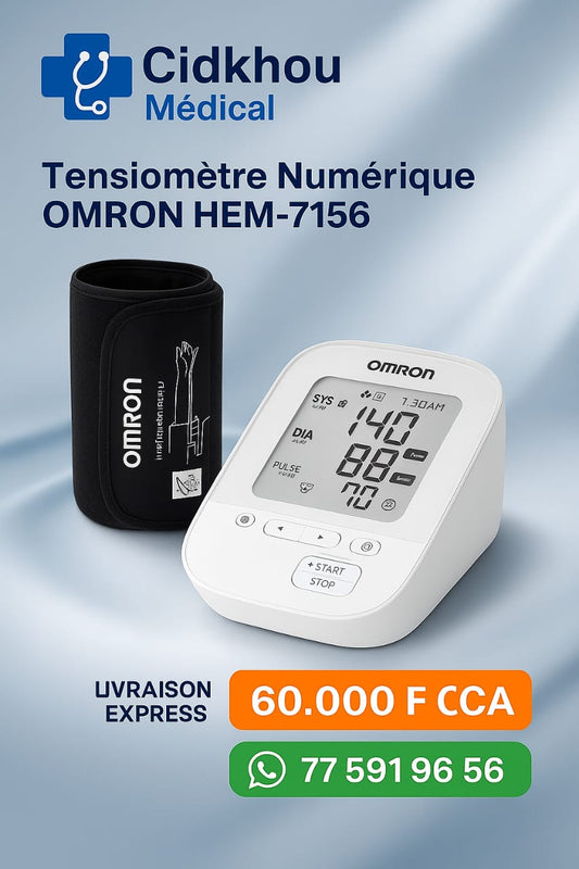 Tensiomètre numérique OMRON HEM-7156 avec brassard IntelliWrap – Appareil de mesure de la tension artérielle fiable et validé cliniquement, disponible chez Cidkhou Médical au prix de 60.000 F CFA.