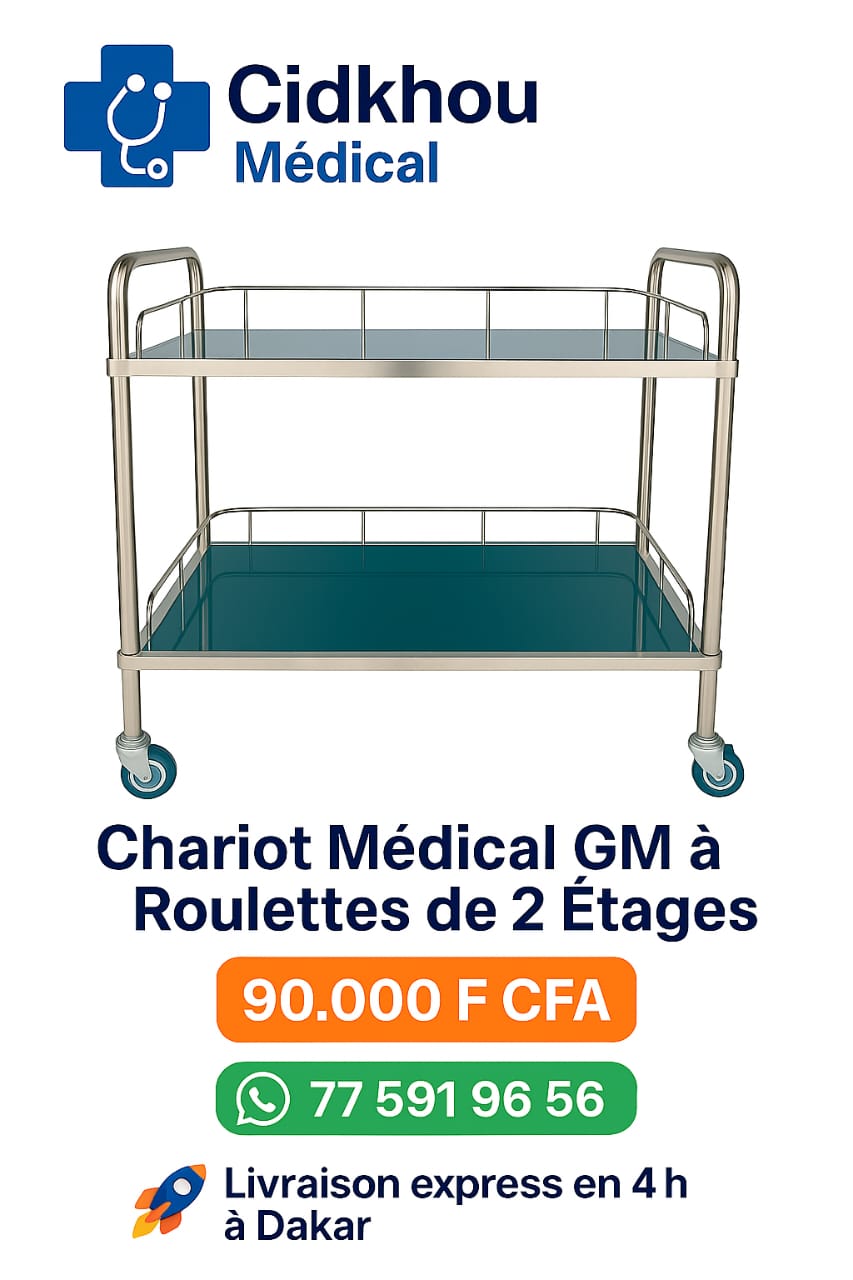 Chariot médical GM à roulettes avec deux étagères en acier inoxydable, idéal pour les cliniques et hôpitaux - Cidkhou Médical