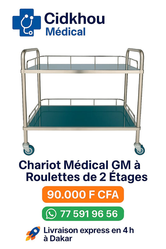 Chariot médical GM à roulettes avec deux étagères en acier inoxydable, idéal pour les cliniques et hôpitaux - Cidkhou Médical