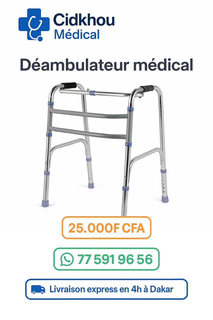 Déambulateur médical pliable et robuste pour personnes âgées et rééducation – Disponible à 25.000 F CFA chez Cidkhou Médical, livraison express à Dakar.
