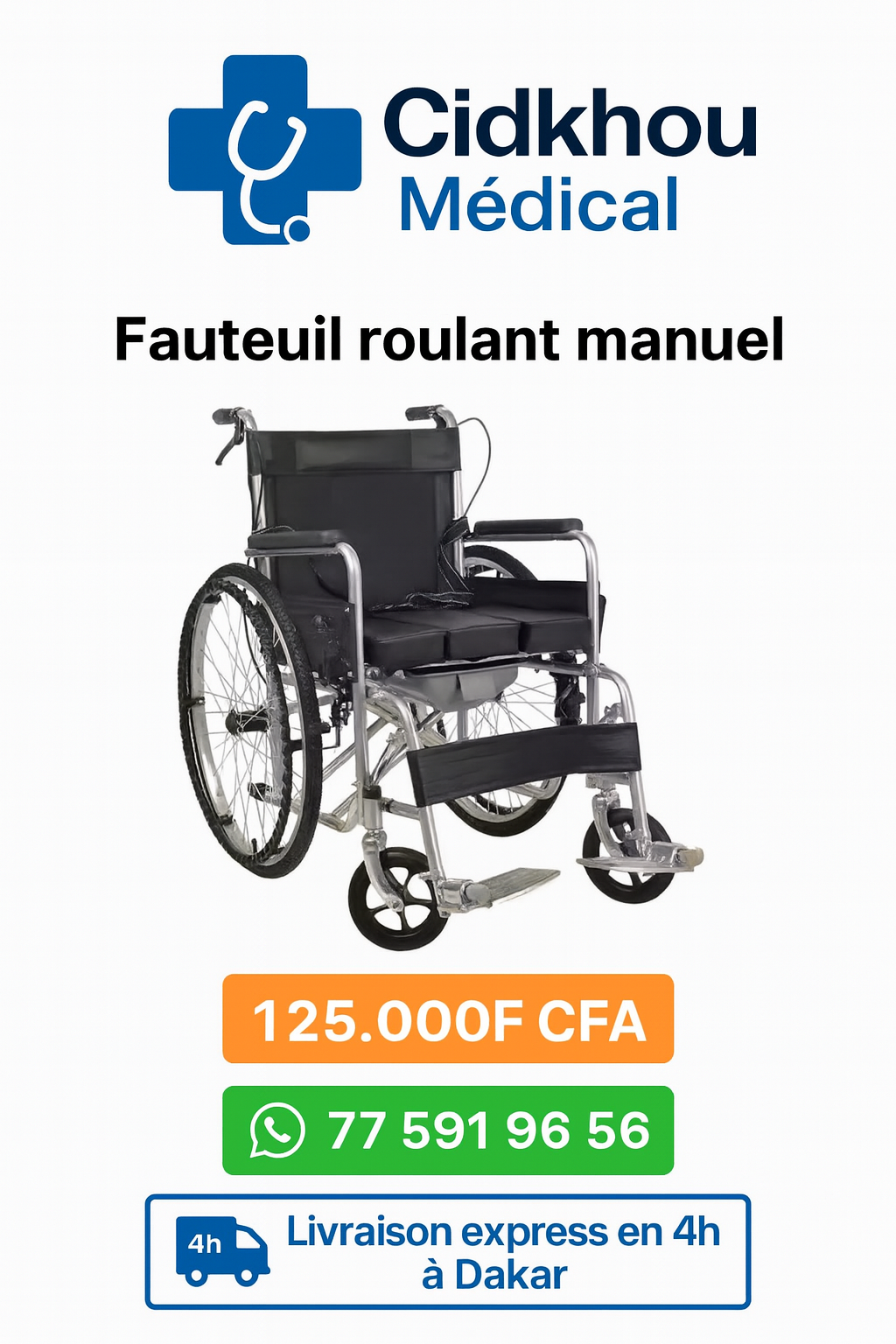 Fauteuil roulant médical manuel pliable avec seau – Cidkhou Médical Dakar