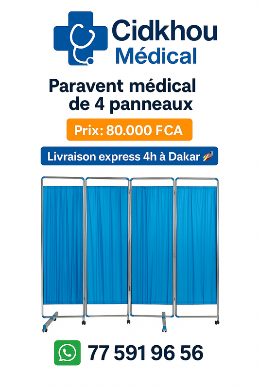 Paravent médical 4 panneaux en métal avec rideaux bleus – Cidkhou Médical Dakar