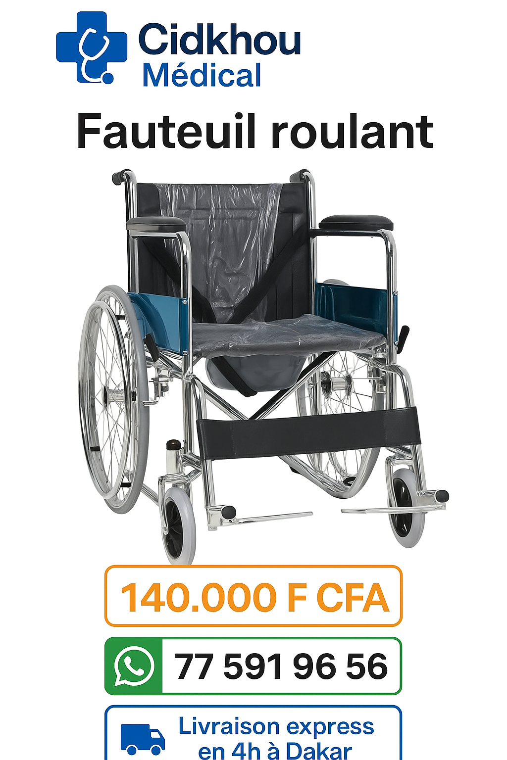 Fauteuil roulant médical pliable standard chrome et noir – Cidkhou Médical Dakar